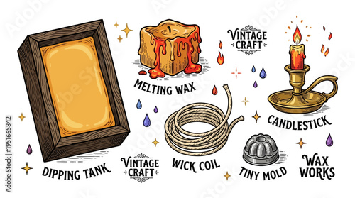 Vintage Candle Making Equipment Set with Melting Wax Wick Coil and Dipping Tank Vector Illustration