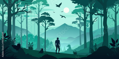 nature silhouette of trees, birds, and person against the backdrop of misty forest