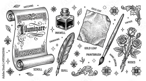 Medieval calligraphy and manuscript art set featuring a vintage scroll, quill, inkwell, roses, and gold leaf in a detailed black and white engraving style.