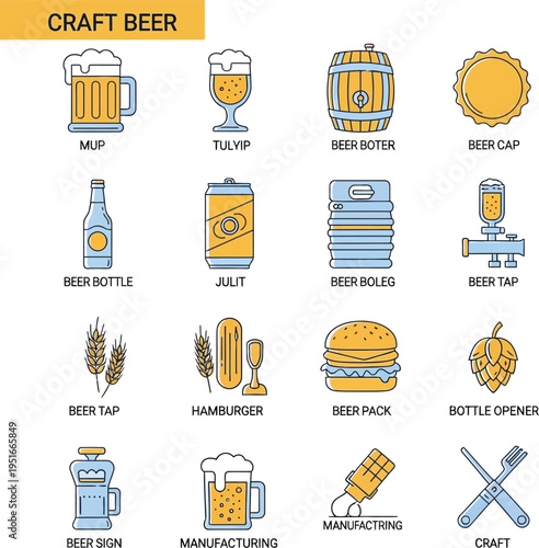 A collection of sixteen colorful line icons represents various components and items related to craft beer production and consumption.