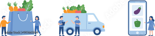 Online grocery shopping and delivery service concept with mobile app ordering, courier truck transport, and fresh produce illustrating modern ecommerce logistics system