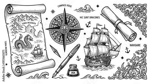 Vintage Nautical Map Design Elements Vector Set with Compass Rose, Sailing Ship, Sea Monster, Scrolls, and Calligraphy Tools in Engraved Style