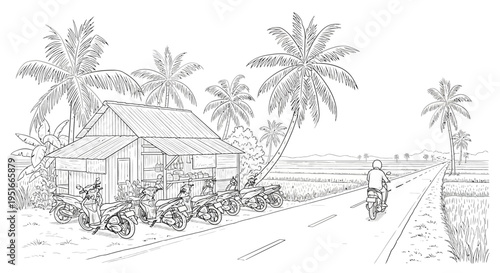 Traditional house with parked motorcycles in a rural setting.