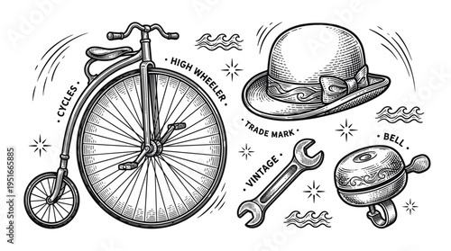Vintage High Wheeler Bicycle and Retro Accessories Collection including Bowler Hat, Wrench and Bell in Hand Drawn Engraving Style Vector Illustration