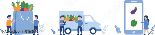 Online grocery delivery concept with mobile app ordering, courier van transport, and fresh vegetables shopping, illustrating modern e commerce and home delivery service