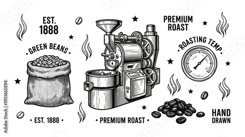 Vintage coffee roasting set with industrial roaster machine, burlap sack of green beans, roasted coffee grains, and temperature gauge in engraving style on black background.