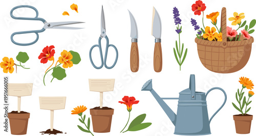 Flower Gardening Tools and Planting Set with Scissors, Pruning Knives, Plant Markers, Watering Can, Potted Plants, and Fresh Flowers Illustrations