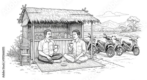 Two men enjoying tea at a roadside stall.