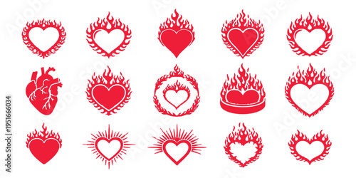 Set of flaming heart icons with fire flames and decorative outlines, vector illustration for romantic design elements