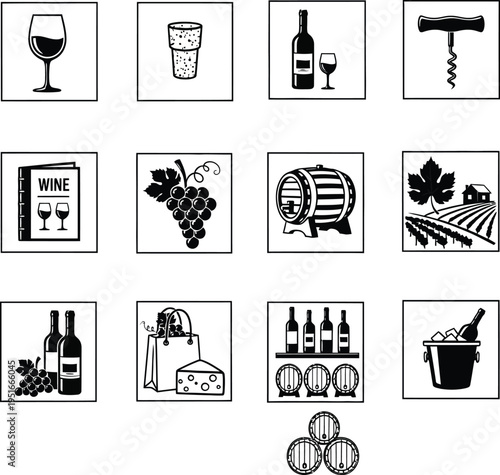 A grid of black and white icons represents elements associated with winemaking, including glasses, bottles, grapes, barrels, and vineyards.