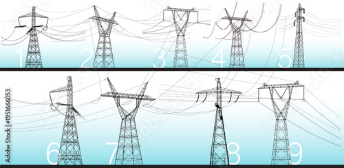 Set of high voltage power line towers for electricity transmission. Vector electrical grid pylons with wires, energy infrastructure, power distribution network, utility transmission lines.