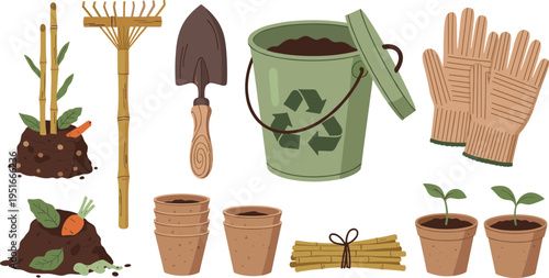 Gardening and Composting Tools Set with Rake, Shovel, Compost Bucket, Gloves, Plant Pots, Seedlings, Compost Piles, and Garden Plant Bundles Illustrations
