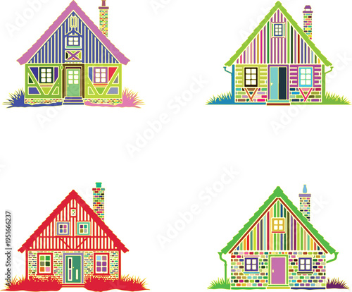 Four colorful houses with timber framing and brick patterns on white background