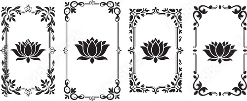 Four rectangular decorative frames with black lotus flower silhouettes
