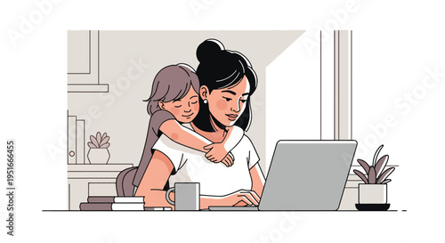 Happy Mother’s Day tribute to working mom balancing laptop work and child’s hug, celebrating appreciation, love, and dedication