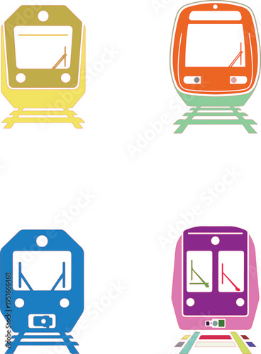 Four colorful flat of commuter trains on railway tracks