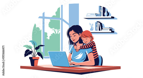 Happy Mother’s Day tribute to working mom balancing laptop work and child’s hug, celebrating appreciation, love, and dedication