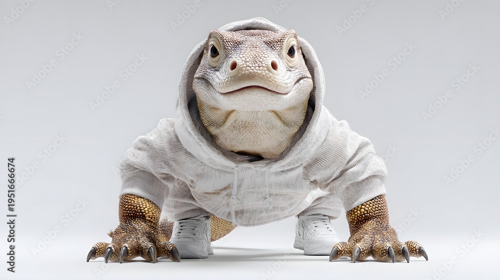 Obraz premium Cute Anthropomorphic Komodo Dragon Wearing a Casual Grey Hoodie Sweatshirt