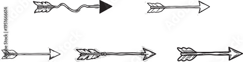 Hand drawn ink set of five different arrows with feathered fletching on white background