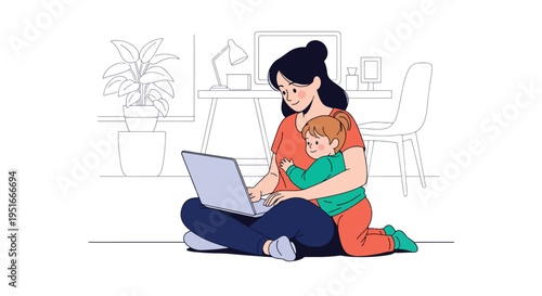 Happy Mother’s Day tribute to working mom balancing laptop work and child’s hug, celebrating appreciation, love, and dedication