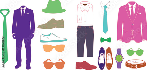 Menswear clothing collection with suits ties shoes and accessories