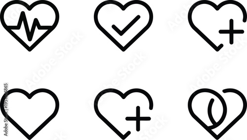 Medical Heart Icons Set, six outlined heart symbols, medical and health designs, white background, vector illustration, clean minimalist style