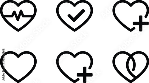 Medical Heart Icons Set, healthcare-themed heart icons, outlined vector symbols, six variations, white field, clean and simple illustration