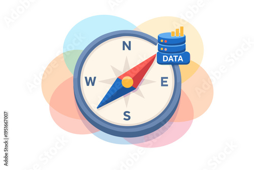 Compass pointing to data database icon symbolizing data navigation.