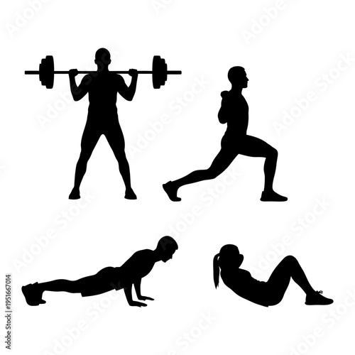 Collection of fitness exercise silhouettes featuring barbell squat lunge pushup and situp for workout and training concepts