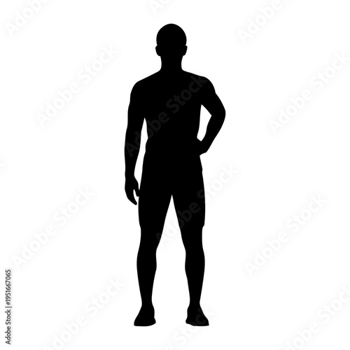 Full body silhouette of a man standing with hand on hip isolated on white background for graphic design and fitness concepts