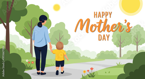 Happy Mother’s Day celebration with mother and child walking hand in hand in park, expressing appreciation, gratitude, and loving family bond