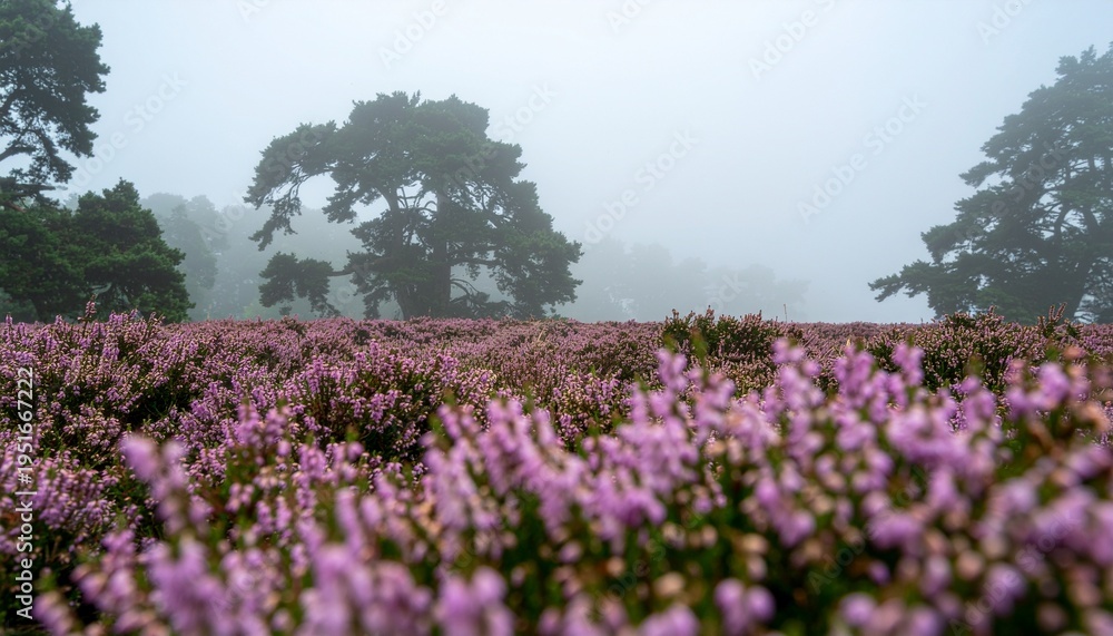 Obraz premium Pink Heather Field in Front of Misty Pine Forest