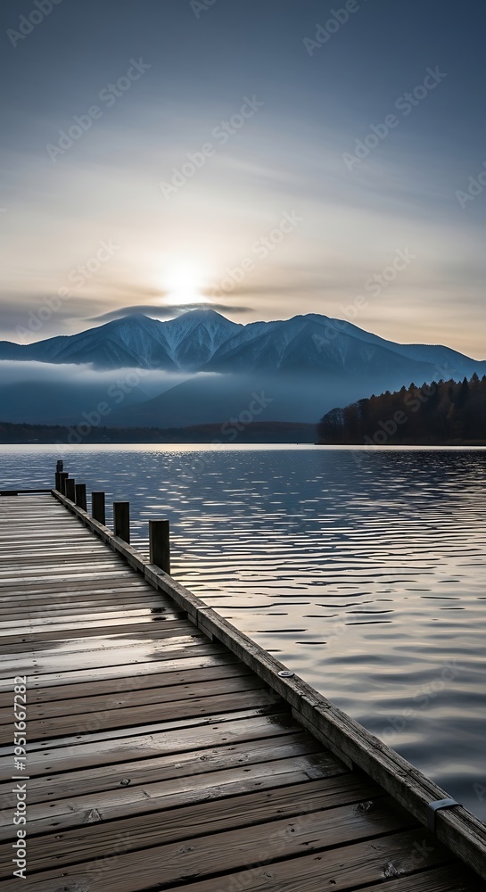 Fototapeta premium Serene lake scene with wooden dock and mountain backdrop at sunrise.