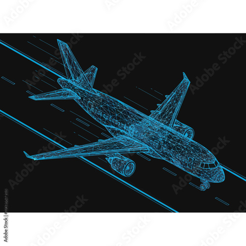 Blue Digital Airplane Wireframe Model Aviation.