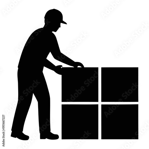 Silhouette of a delivery worker stacking boxes for logistics shipping and warehouse distribution concept