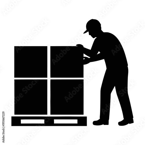 Warehouse worker silhouette stacking boxes on a pallet for logistics shipping and supply chain management concept