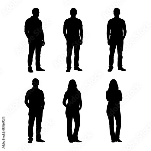 Collection of diverse people silhouettes standing in various poses for architectural visualization and graphic design