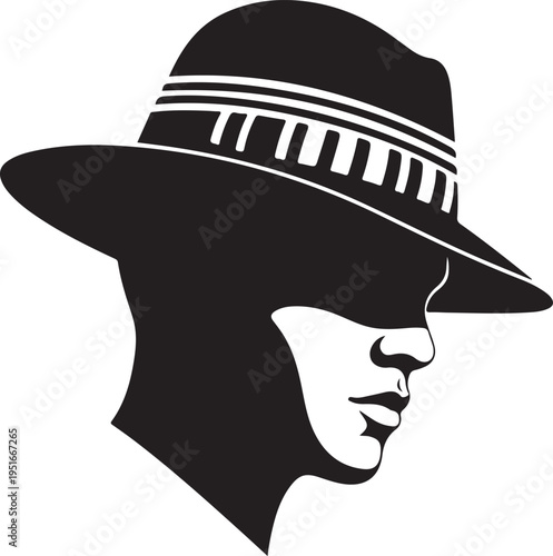 Silhouette of a person wearing a fedora hat with a patterned band