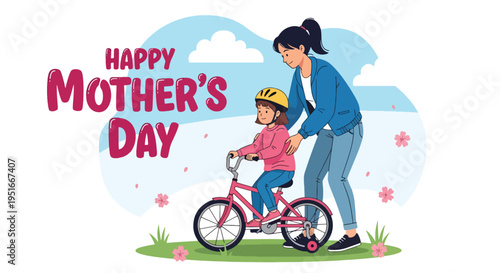 Happy Mother’s Day celebration with mother teaching daughter to ride bicycle in park, honoring appreciation, support, and love