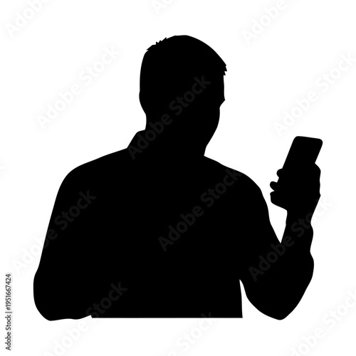 Black silhouette of a man using a smartphone isolated on white for mobile technology and digital communication concept