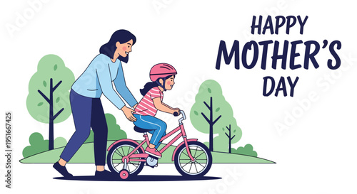 Happy Mother’s Day celebration with mother teaching daughter to ride bicycle in park, honoring appreciation, support, and love