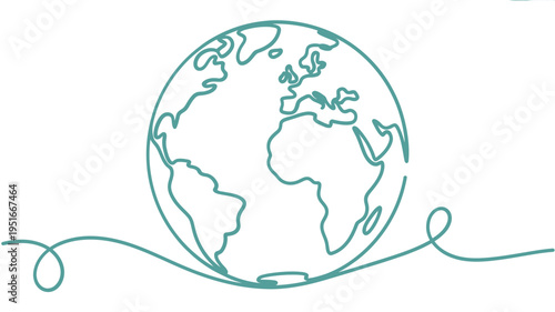 Minimalist line drawing of planet earth with continents and swirling line
