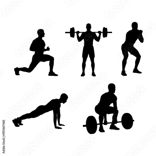Collection of fitness silhouettes featuring men performing gym exercises including squats deadlifts and pushups for workout and health branding