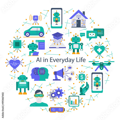 A comprehensive circular vector composition featuring icons of artificial intelligence in daily use, including smart homes, healthcare, education, and autonomous transport.