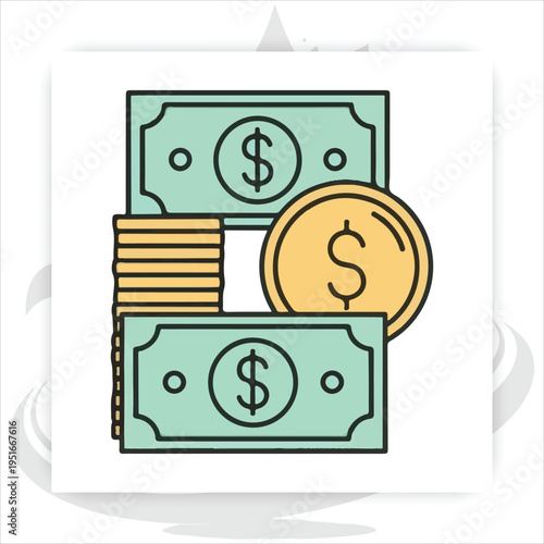 Financial growth and wealth symbols: money stack, gear, investment tree illustration,