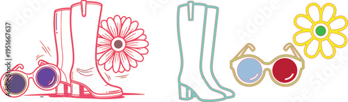 Two pairs of knee boots with round sunglasses and daisy flowers in line style