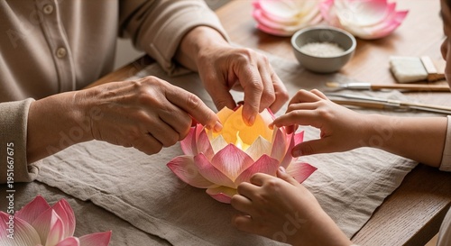 Adults and child crafting lotus lanterns together at the table  