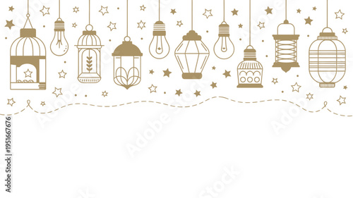 Decorative illustration of hanging lanterns and twinkling stars on white