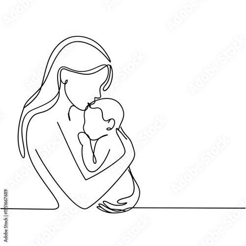 A continuous line drawing depicts a mother lovingly cradling her baby