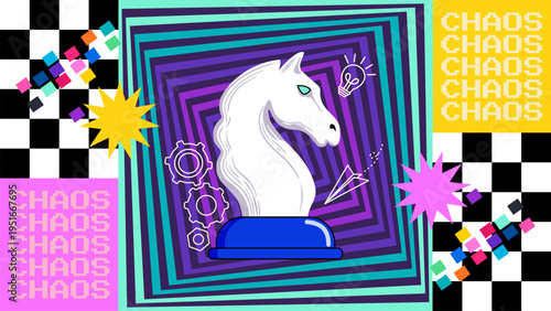 Chaos maximalism vector illustration with chess knight and geometric patterns